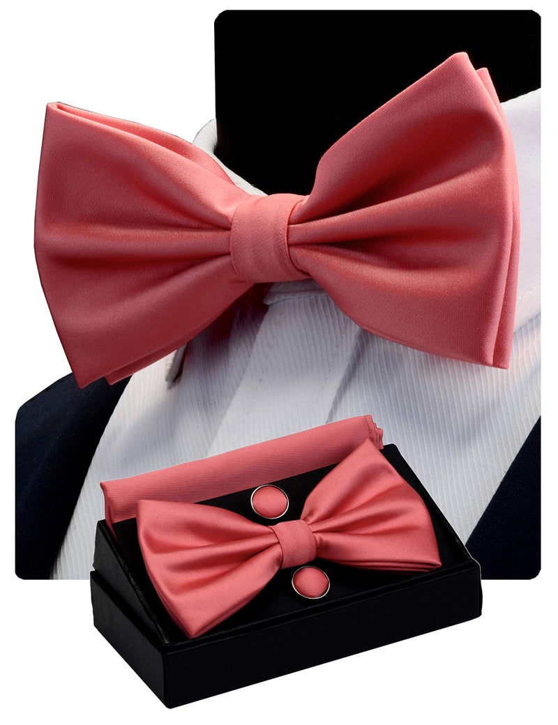 GUSLESON Adjustable Mens Coral Pink Wedding Bow tie Double Fold Pre-tied Bowtie and Pocket Square Cufflink Set (0570-13) - Image 2